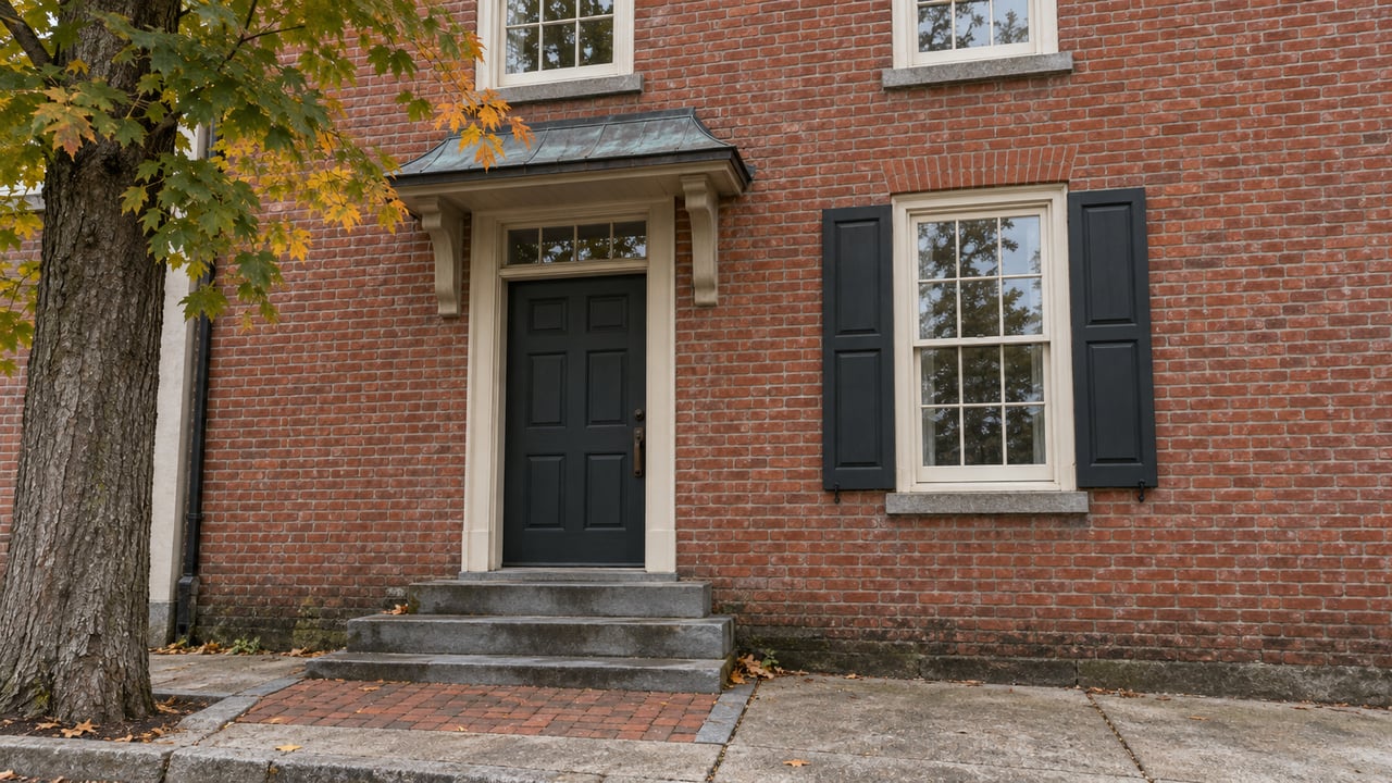 Brick house entry with a recessed door, bluestone steps, and sparse amber leaves on a mature tree.