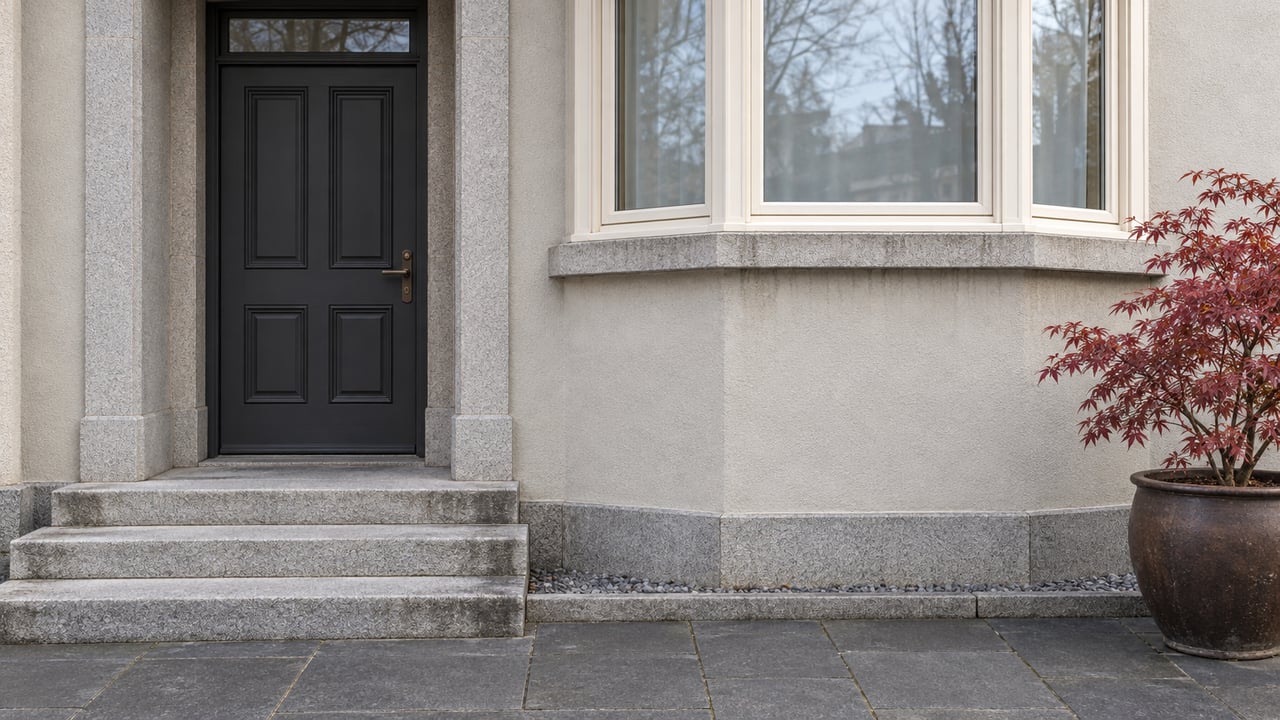 A renovated urban condominium entry with ivory bay-window frames, gray stucco, granite steps and a copper-leaved Japanese maple in a ceramic pot.
