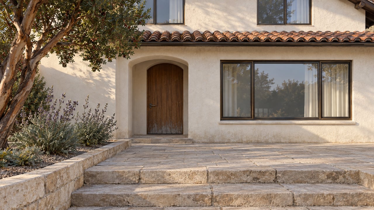 Cream stucco home with clay roof tiles, an arched oak entry and a limestone approach beside a sculptural strawberry tree.