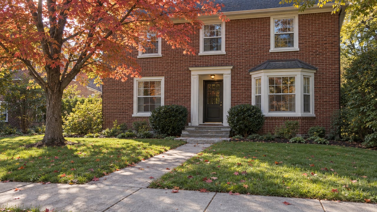 Modest two-story brick house with a concrete walkway, lawn, white-framed windows, and a rust-orange maple.