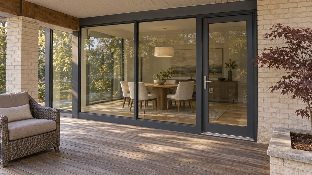 Covered hardwood deck beside a light-brick home, with glazed dining-room doors and a burgundy Japanese maple in a raised stone planter.
