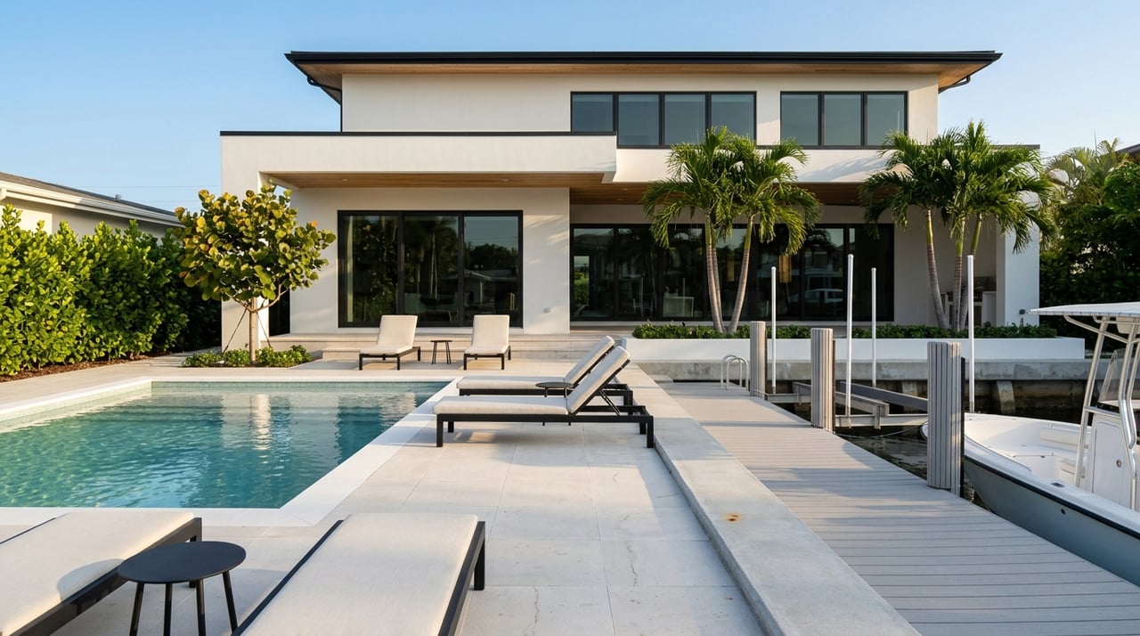 Rear exterior of a modern coastal home with a pool deck, dock, and boat.