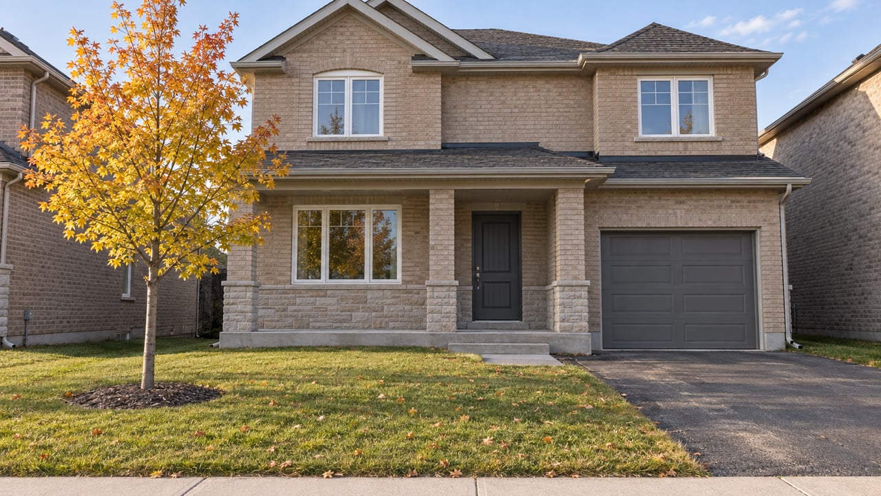 Buff-brick two-storey home with a stone entry, broad front lawn and a young sugar maple in autumn colour.