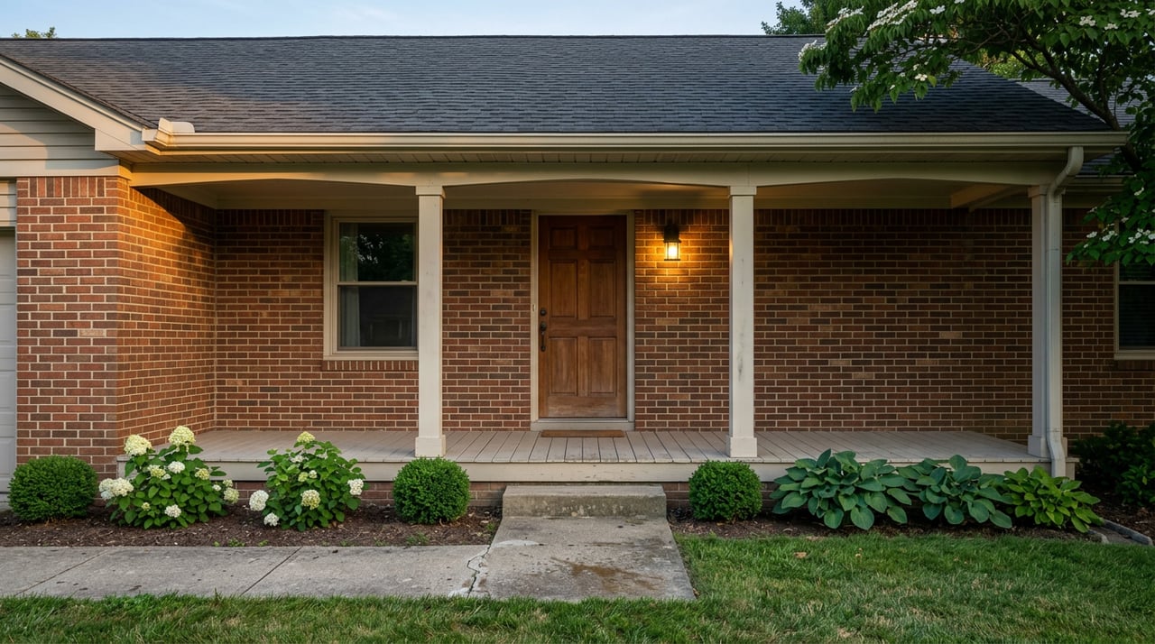 Suburban brick porch with white columns, a glowing entry light, and a dogwood canopy against the dusk sky.