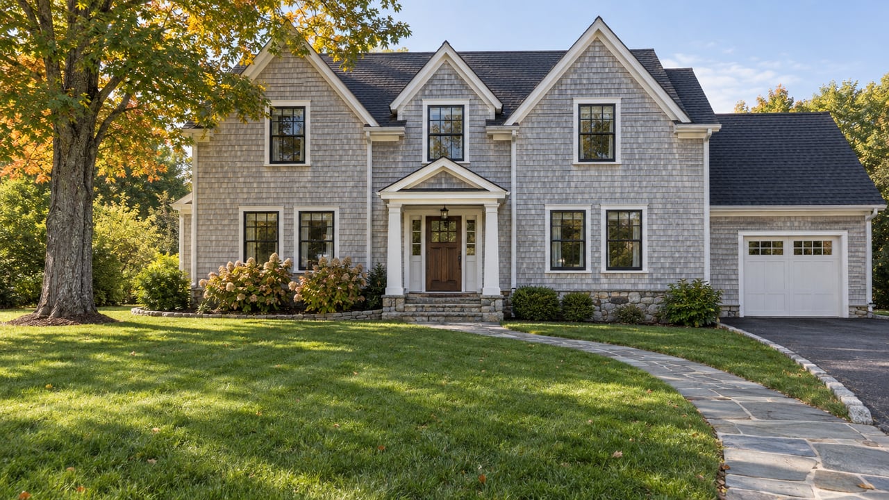 A pale gray shingled home with steep gables, a stone entry walk, broad front lawn, and an amber-leaved sugar maple.