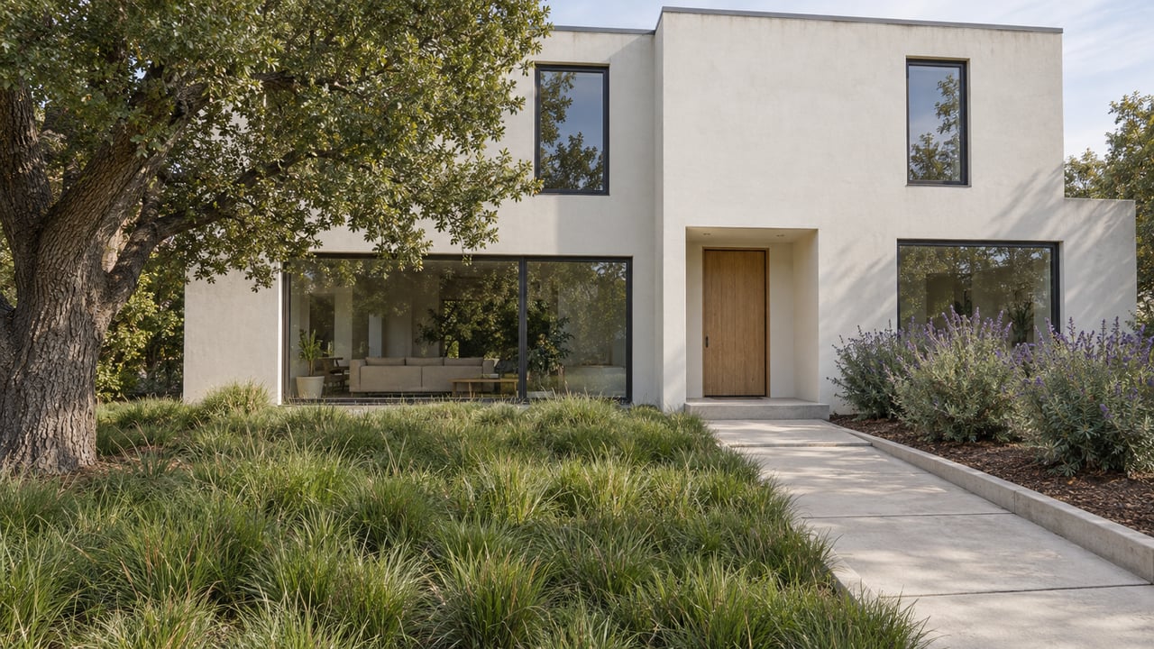 Contemporary white two-story home behind a deep green sedge meadow, with dark-framed windows, a concrete approach, a mature live oak and three flowering sage shrubs.