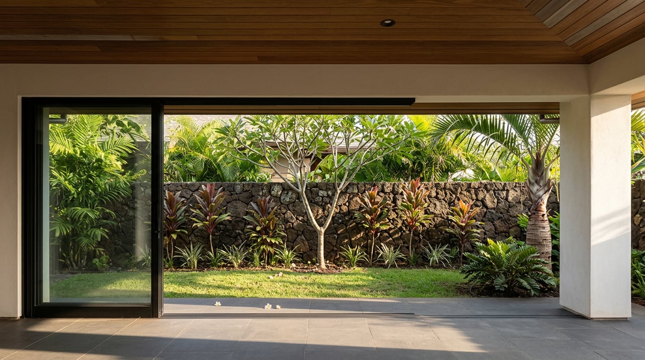 Open lanai overlooking a side garden with a plumeria tree, triangle palm, and lava-stone wall.