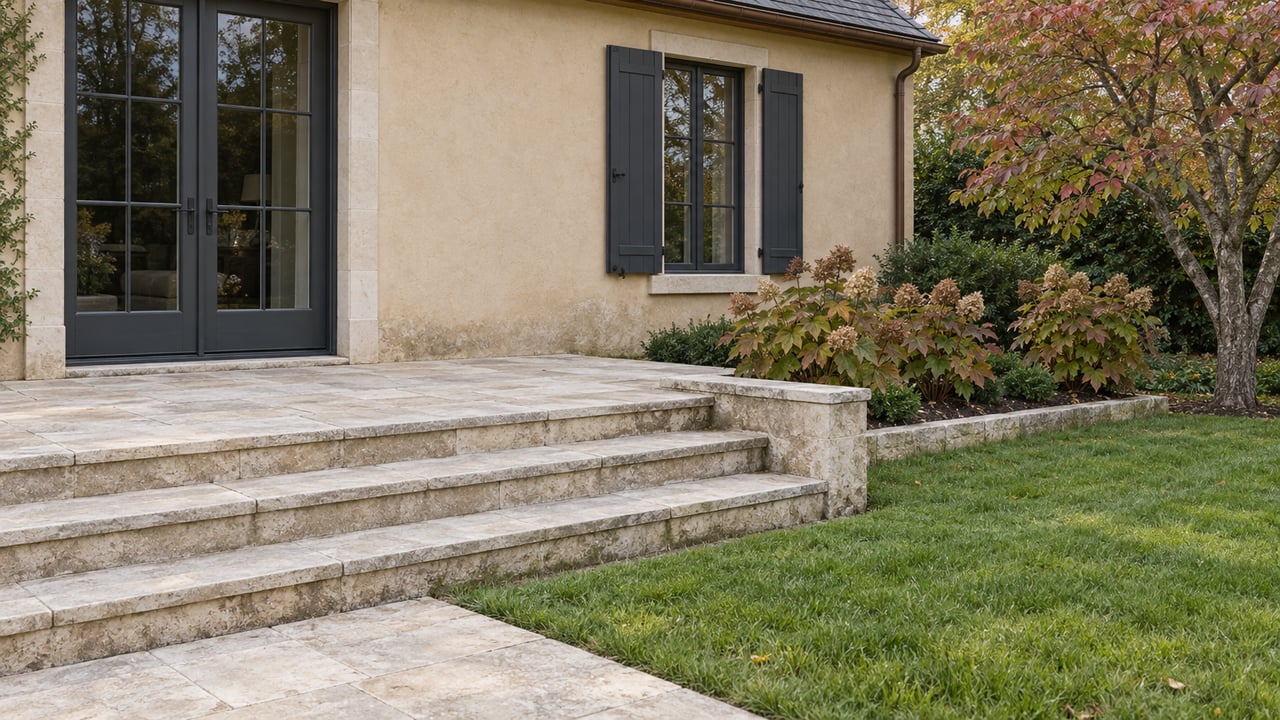 Pale stone steps lead from a stucco home's garden terrace to a lawn beside oakleaf hydrangeas and a flowering dogwood.