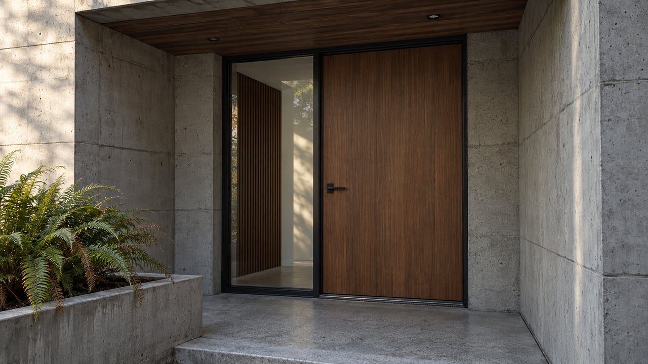 Contemporary residential entry with a wood door, black-framed sidelight, concrete canopy and a raised sword fern planter.