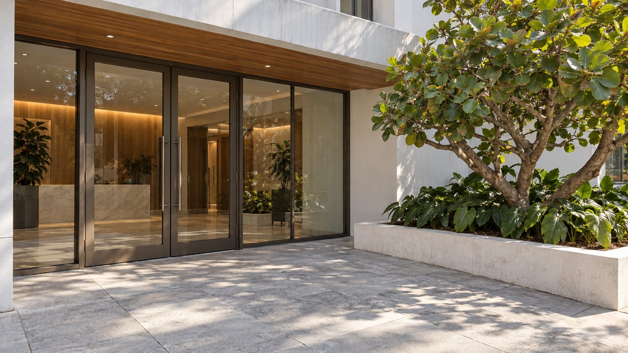 Sunlit stone forecourt leading to paired glass doors beneath a teak-lined concrete canopy, beside a raised planter with a broad-leaved sea grape tree.