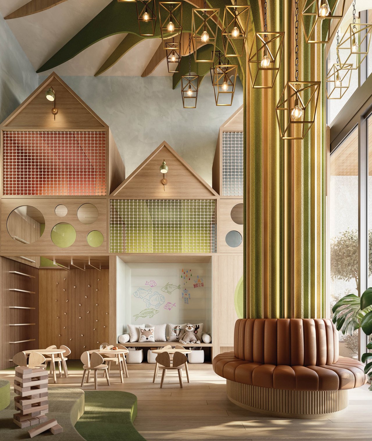 Children’s playroom with a wooden climbing structure, reading nook, and sculptural leather seating.