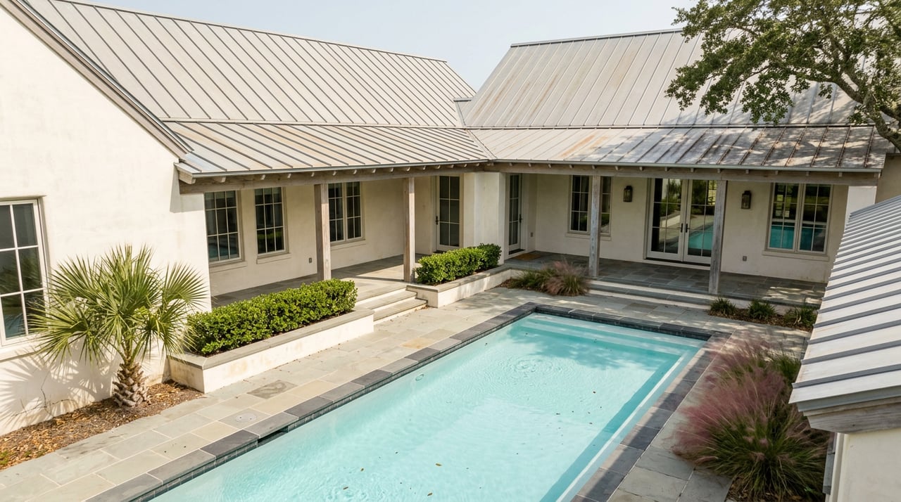 Aqua lap pool in an enclosed stucco courtyard, framed by two porch-lined wings and a palm tree.