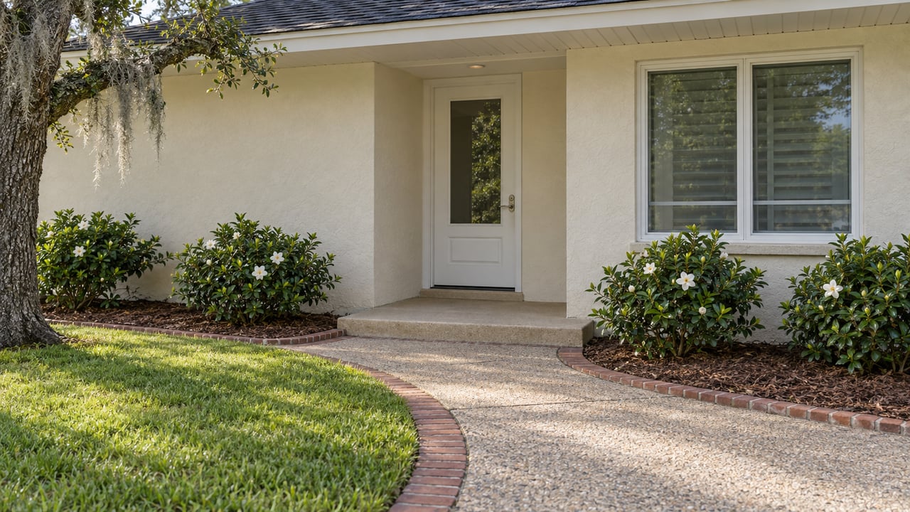 Pale stucco home's covered front entry with a curved aggregate walk, brick edging, gardenias and a live oak beside the lawn.