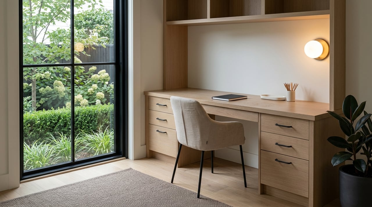 Oak built-in desk beside a black-framed window, lit by a brass globe sconce and cool morning daylight.
