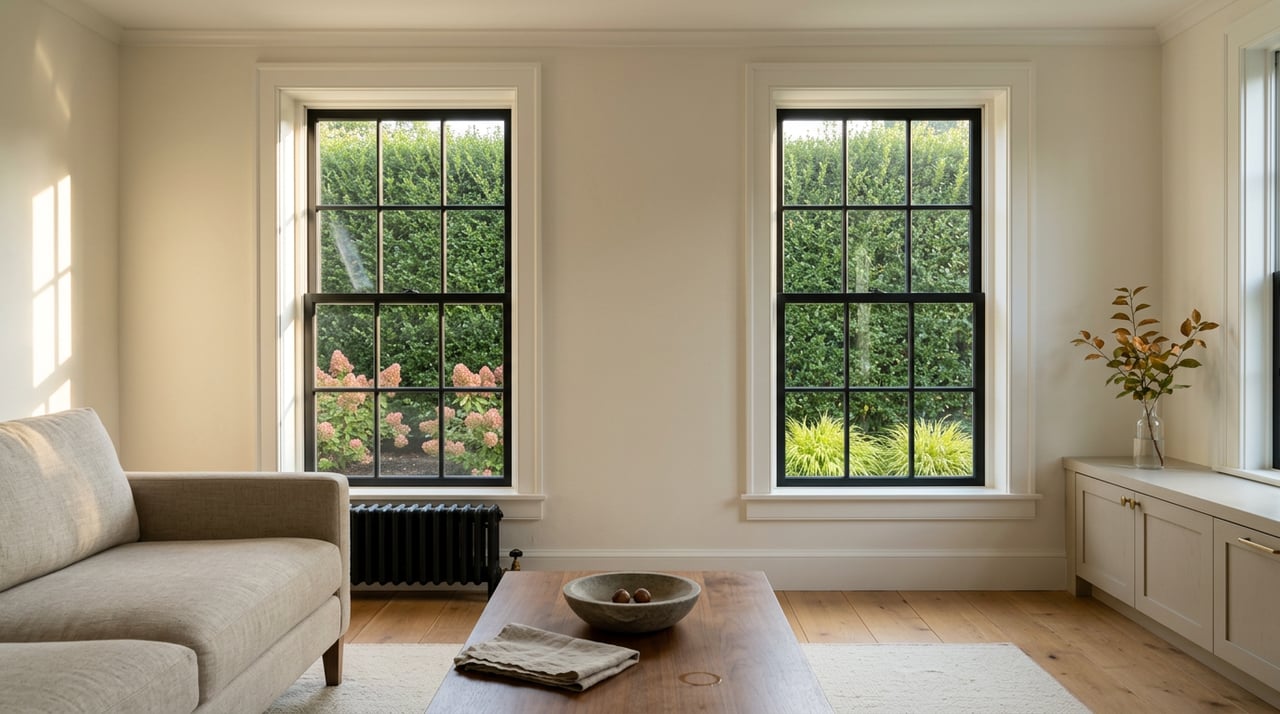 Linen sofa and walnut coffee table in a sitting room facing two tall windows and a clipped evergreen hedge.