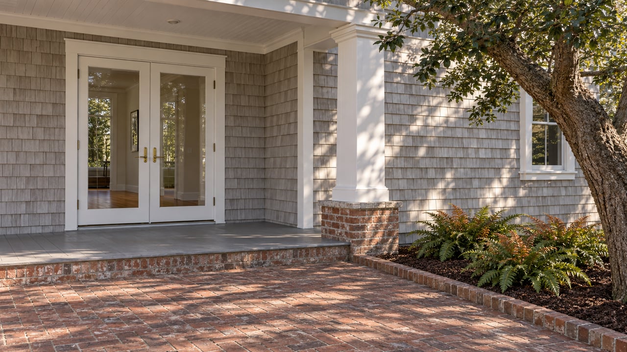 Gray-shingled home with white glazed porch doors, weathered brick paving and a live oak shading a fern bed.