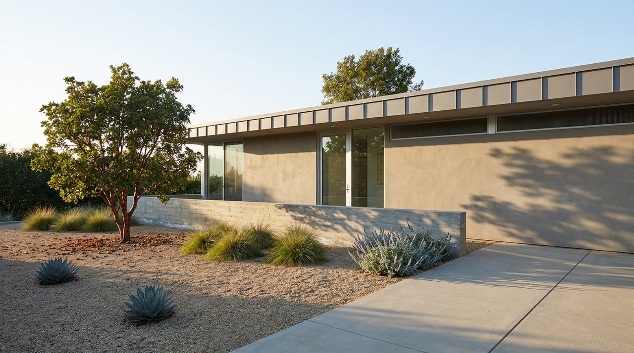 Modern home beyond a gravel buffer, with spaced grasses, blue agaves, and a red-barked tree beside a concrete retaining wall.