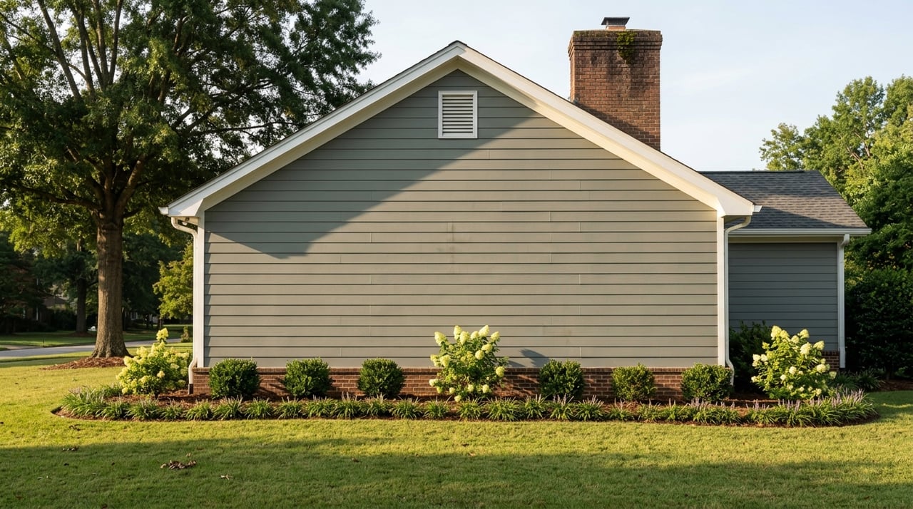 Gray-green gable house with white trim, brick chimney, foundation flowers, and a willow oak shading the lawn.
