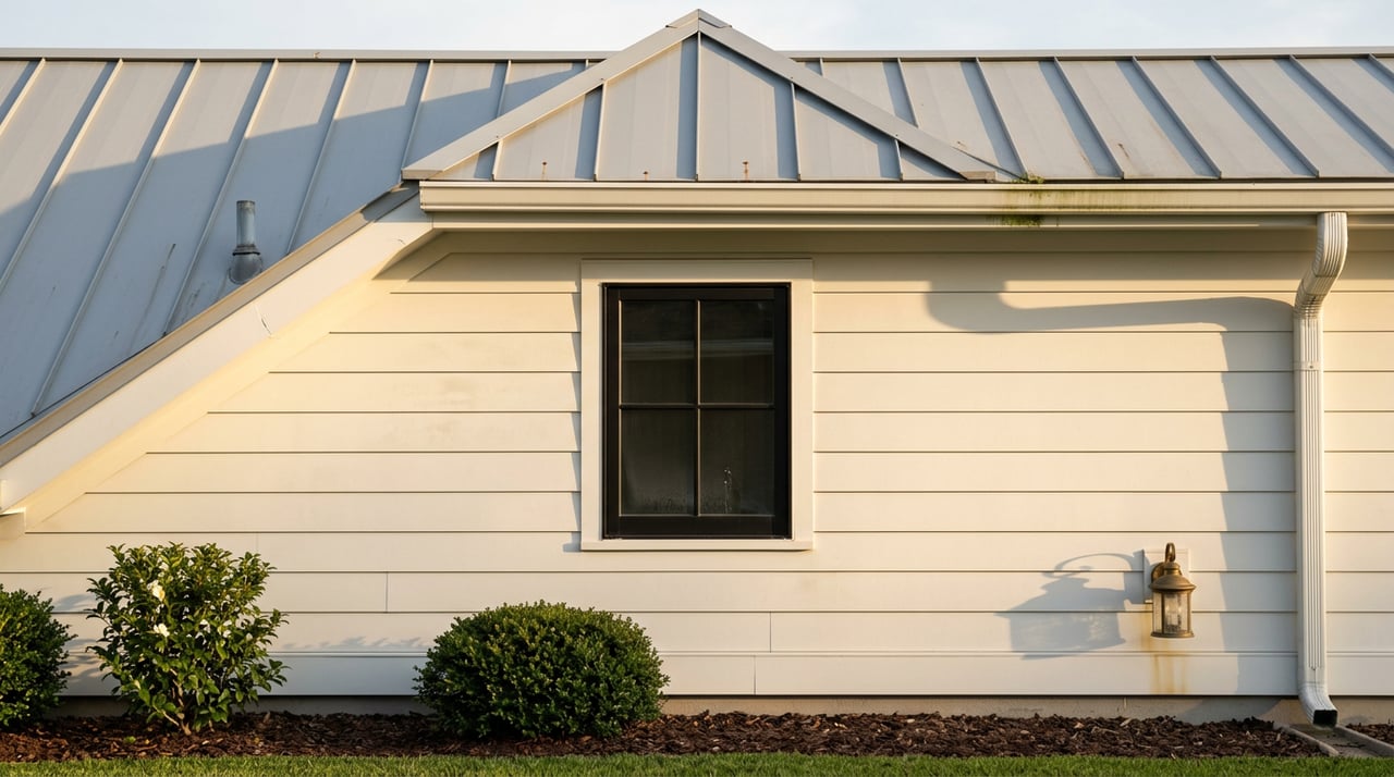 White-sided gable with a black dormer, weathered metal roof, and brass lantern above foundation shrubs.