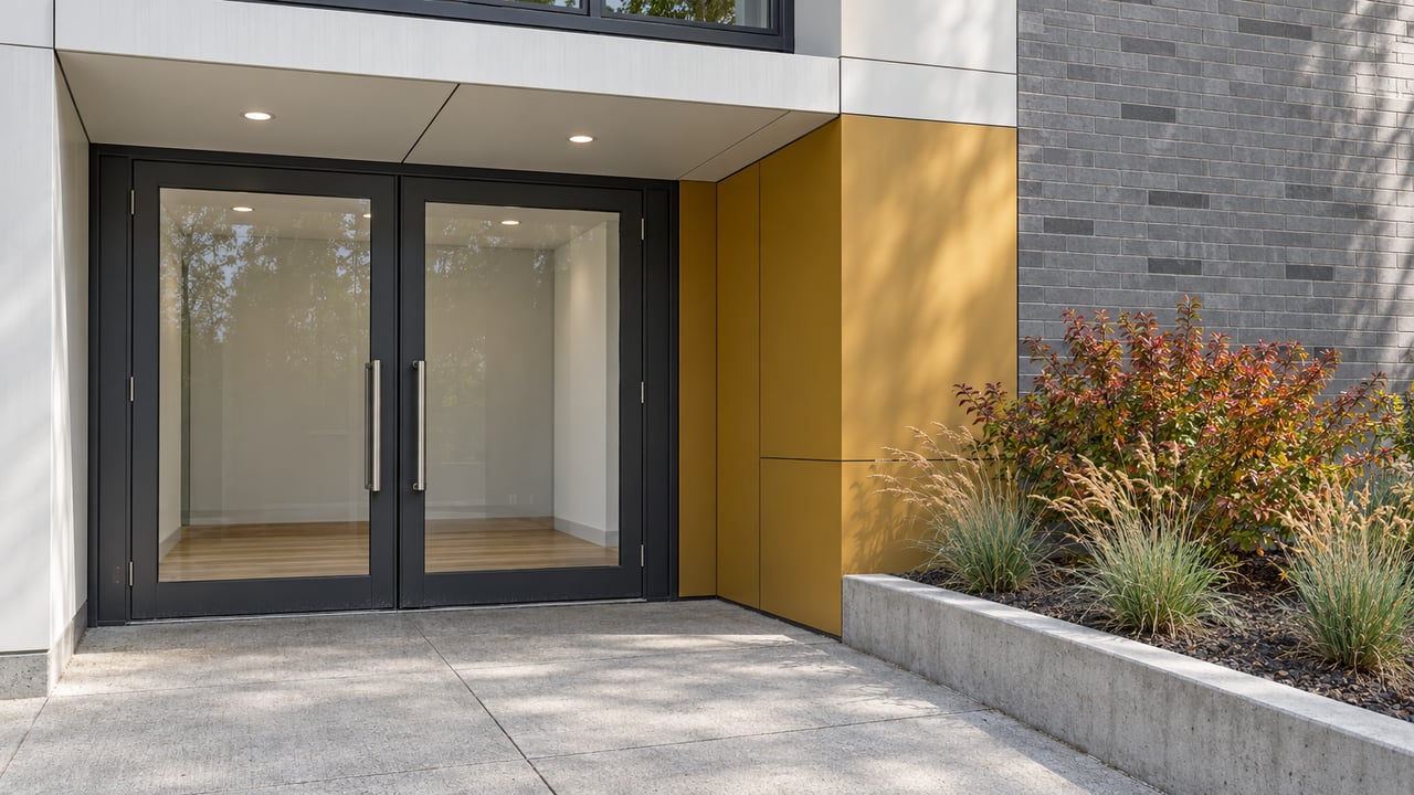 Modern apartment entrance with black-framed glass doors and a landscaped concrete planter.