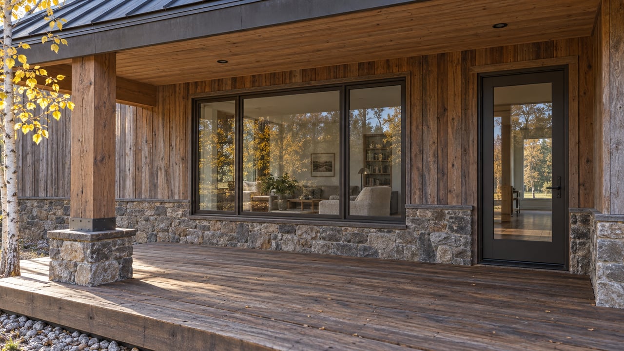 Morning light crosses a timber porch beside cedar siding, stone foundations and bronze-framed living-room windows.