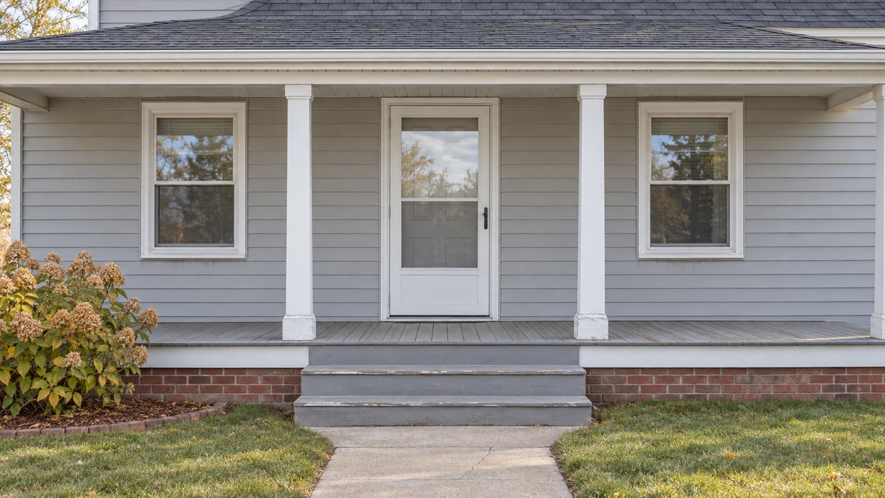 A modest gray-sided cottage porch with white posts, closed storm door, weathered steps and a concrete walk beside an autumn hydrangea.