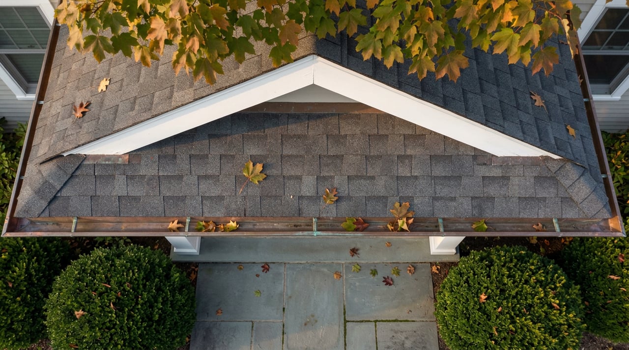 Overhead view of a shingled portico roof above a bluestone stoop, with clipped shrubs and scattered autumn leaves.