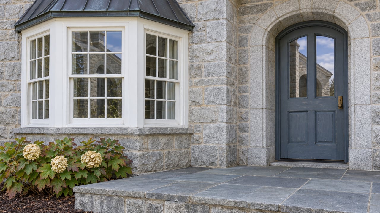 Pale granite house entry with a blue-gray door, white multi-pane bay windows and a bluestone landing beside an oakleaf hydrangea.