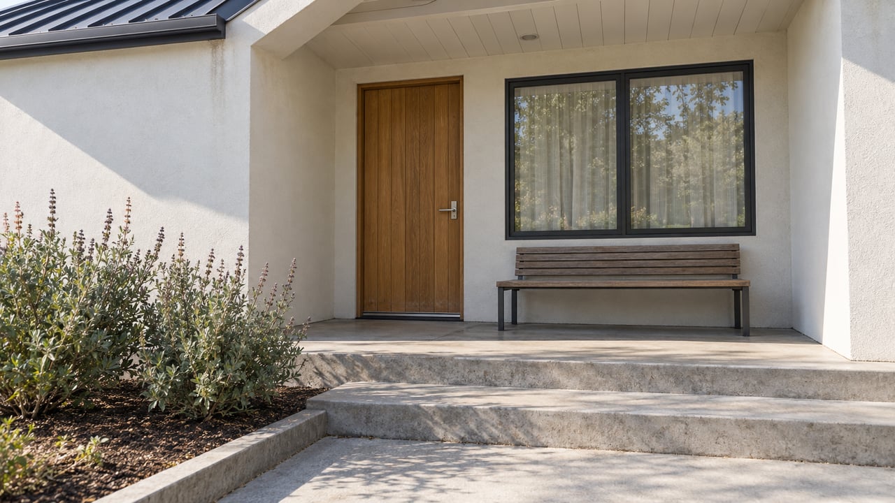 Sunlit contemporary front porch with an oak door, dark-framed window, weathered teak bench, concrete steps and silver-green sage.