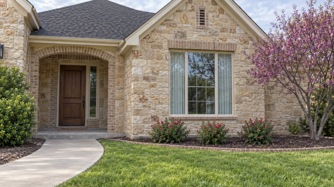 Tan stone home with a dark gabled roof, recessed oak entrance, broad concrete walk and a redbud beside a small planted bed.