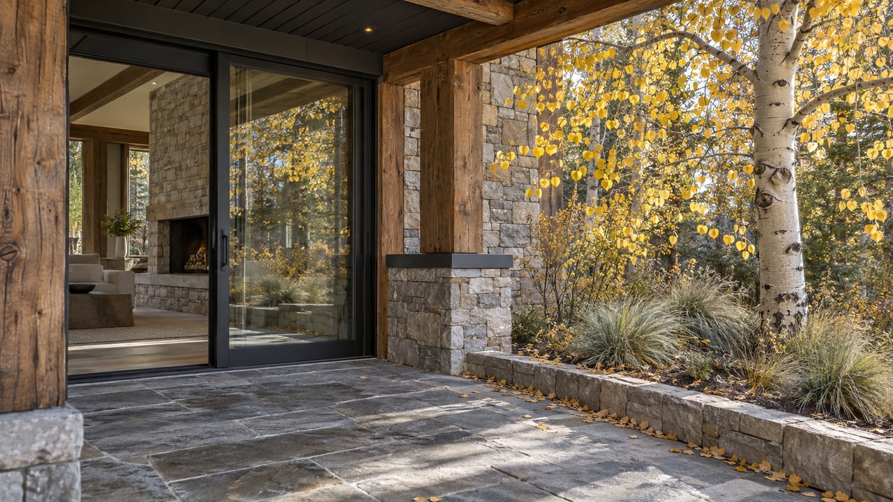 Timber-and-stone terrace with closed glass doors, gray paving, and a pale-barked aspen with yellow leaves.