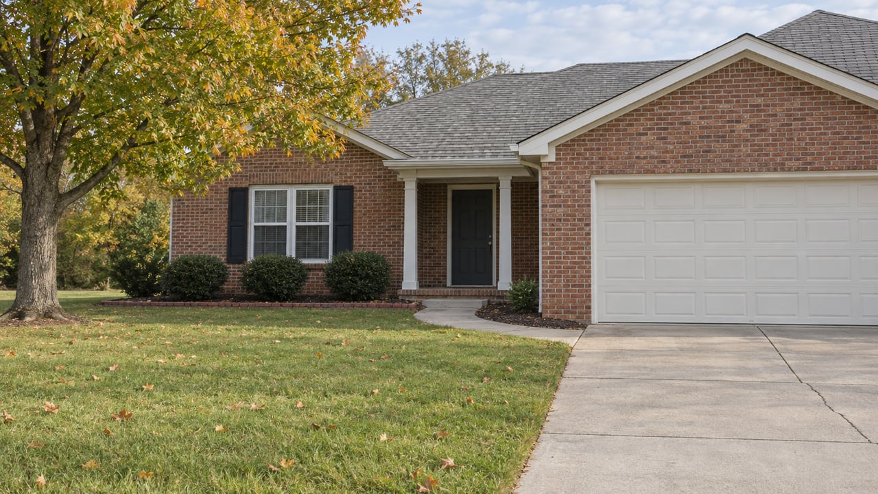 Red-brick single-story home with gray gabled roof, recessed white-post entry, double garage and broad autumn lawn beside a concrete driveway.