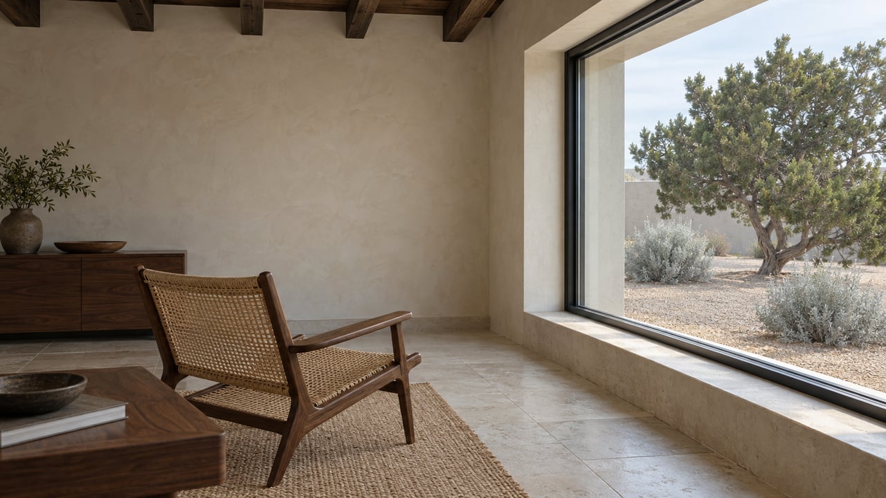 Living room with a steel-framed window, cane lounge chair, walnut table, and juniper beyond the glass.