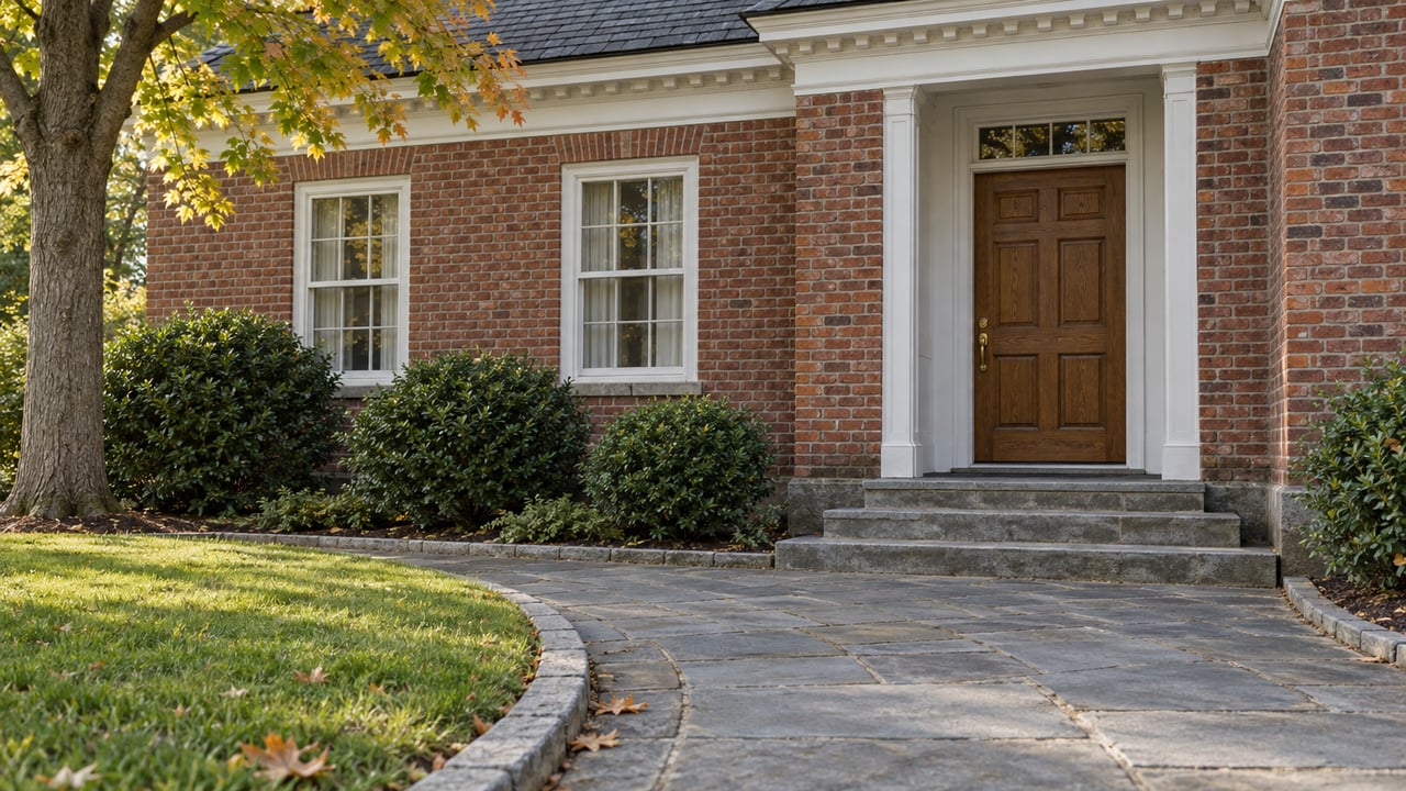 Traditional brick home with white-trimmed windows, a recessed oak entry, worn bluestone approach, and early autumn planting.
