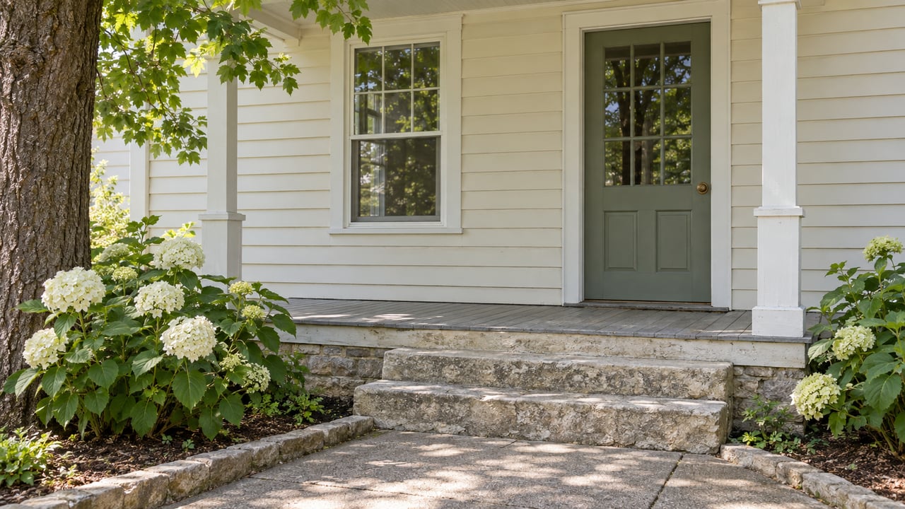 Historic cottage entry with a sage glazed door, cream clapboards, limestone steps, and hydrangeas.