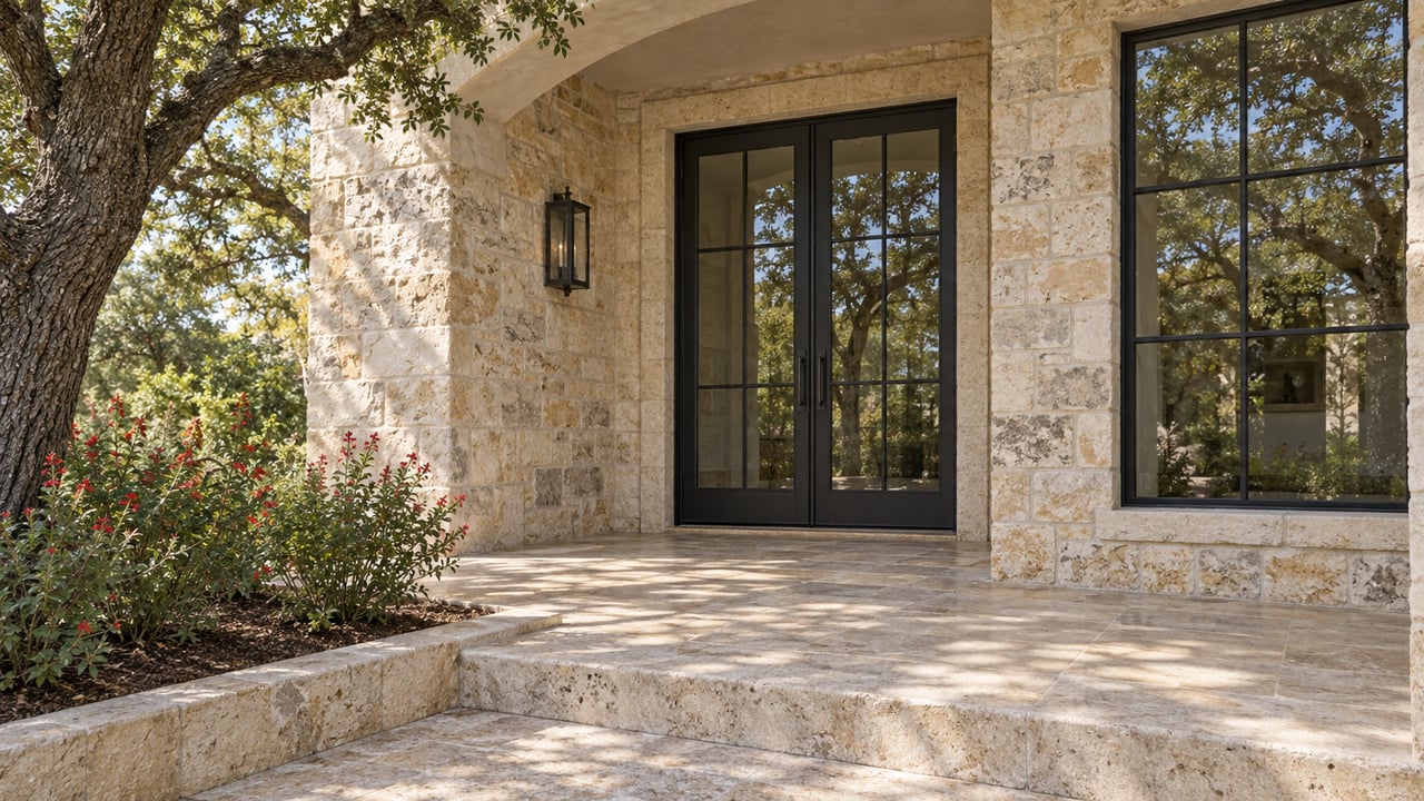 Cream limestone terrace with an arched iron-and-glass entry, travertine steps and a mature oak beside a stone-edged planting bed.