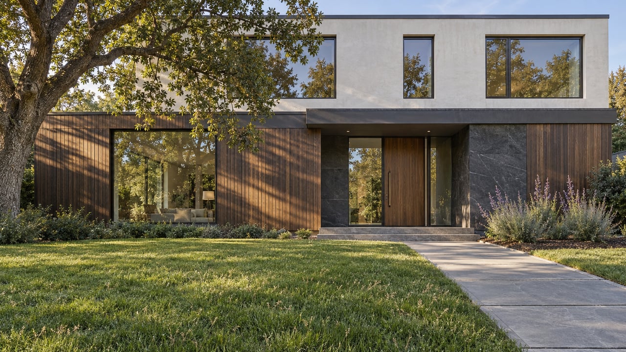 Contemporary wood-and-stone home beyond a deep lawn, with an oak canopy and broad stone entry approach.