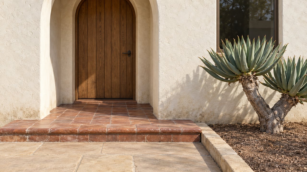 Cream stucco entry with an arched oak door, worn clay-tile porch, sandstone path and a sculptural fan aloe.