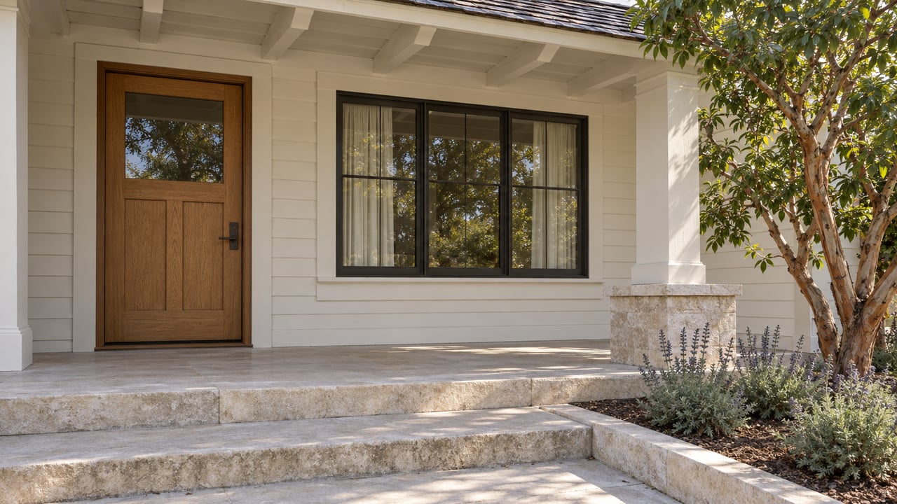 Sunlit limestone porch steps beneath a timber roof, with an oak front door, divided-light window, and carefully planted garden.