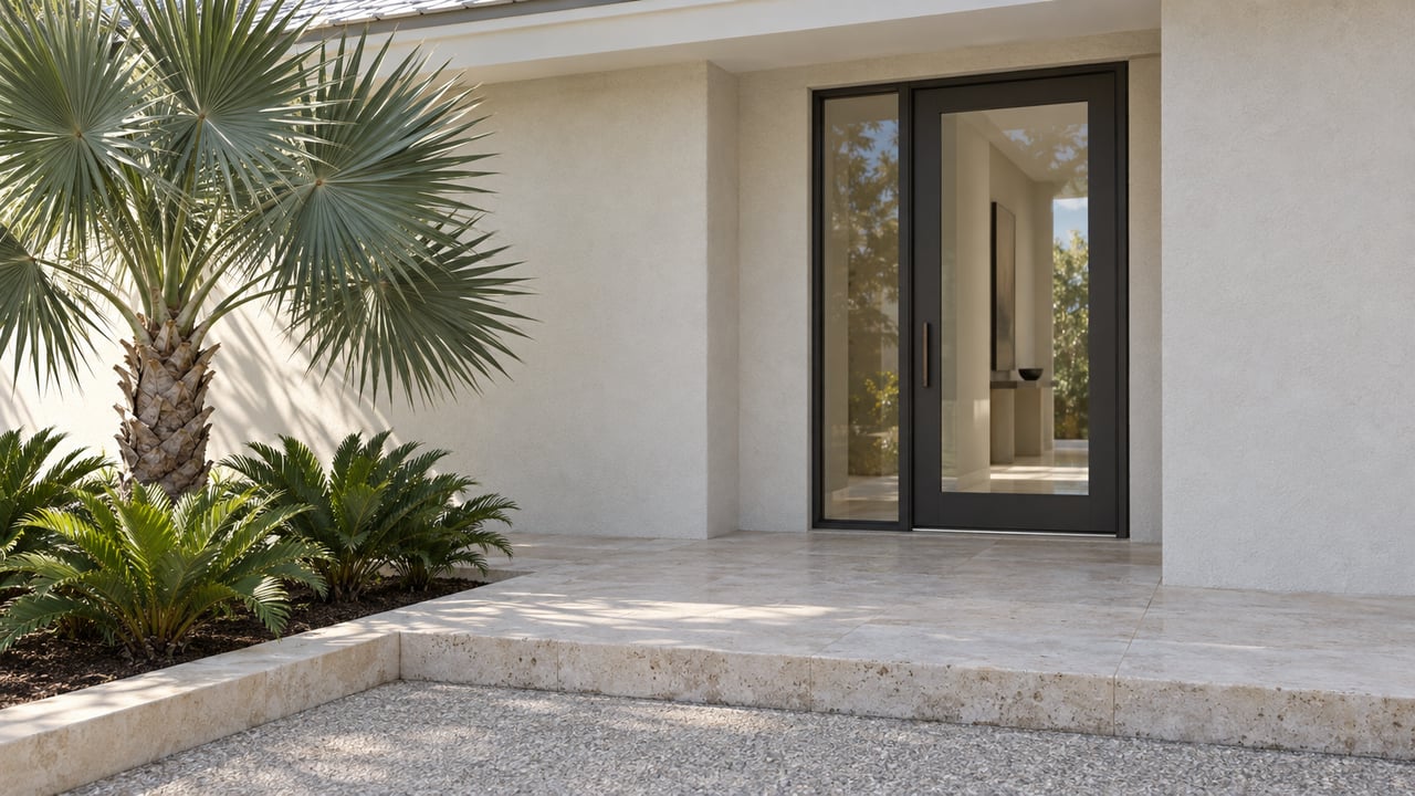 Recessed charcoal-framed glass entry door beside a fan palm and three low cycads.