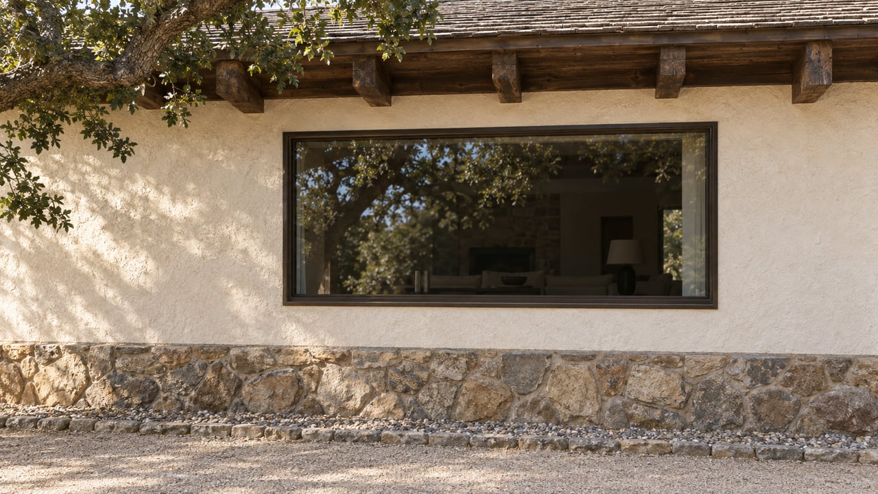 Ivory stucco house with a broad bronze-framed window, irregular stone base, timber eave, and oak leaves overhead.