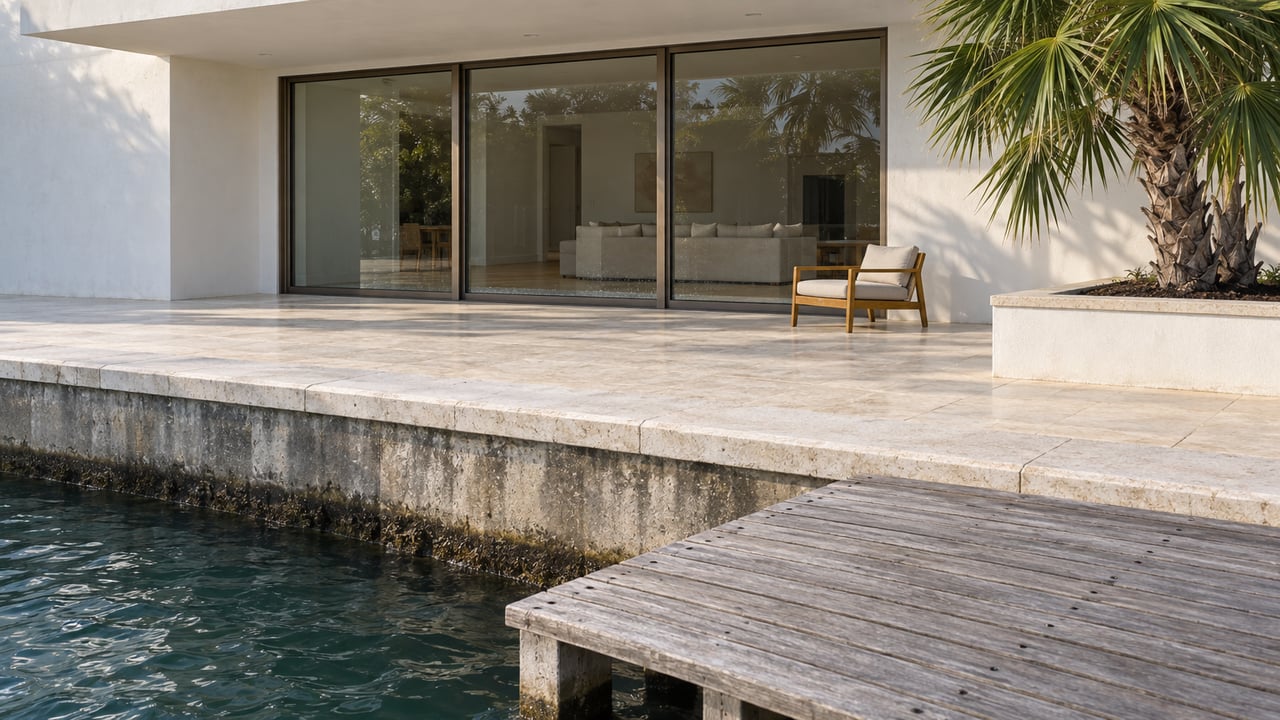 Dock-level view of a white contemporary waterfront home with a limestone terrace, concrete seawall, closed glass doors and one fan palm.