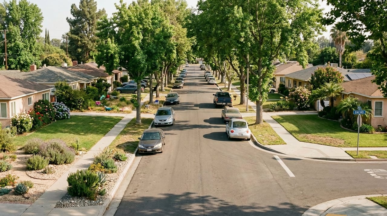 Elevated view of a tree-lined Lake Balboa residential street with mid-century homes and drought-tolerant landscaping