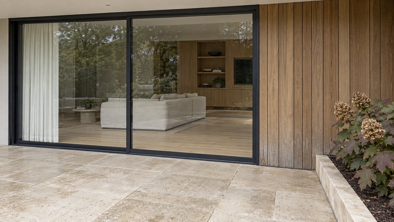 Black-framed glass doors open visually onto a pale oak great room beside weathered wood cladding, limestone terrace paving and one oakleaf hydrangea.