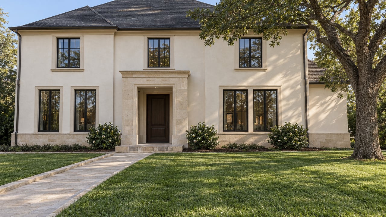 Cream stucco and limestone two-story home beyond a deep lawn, with black-framed windows and a mature spreading oak.