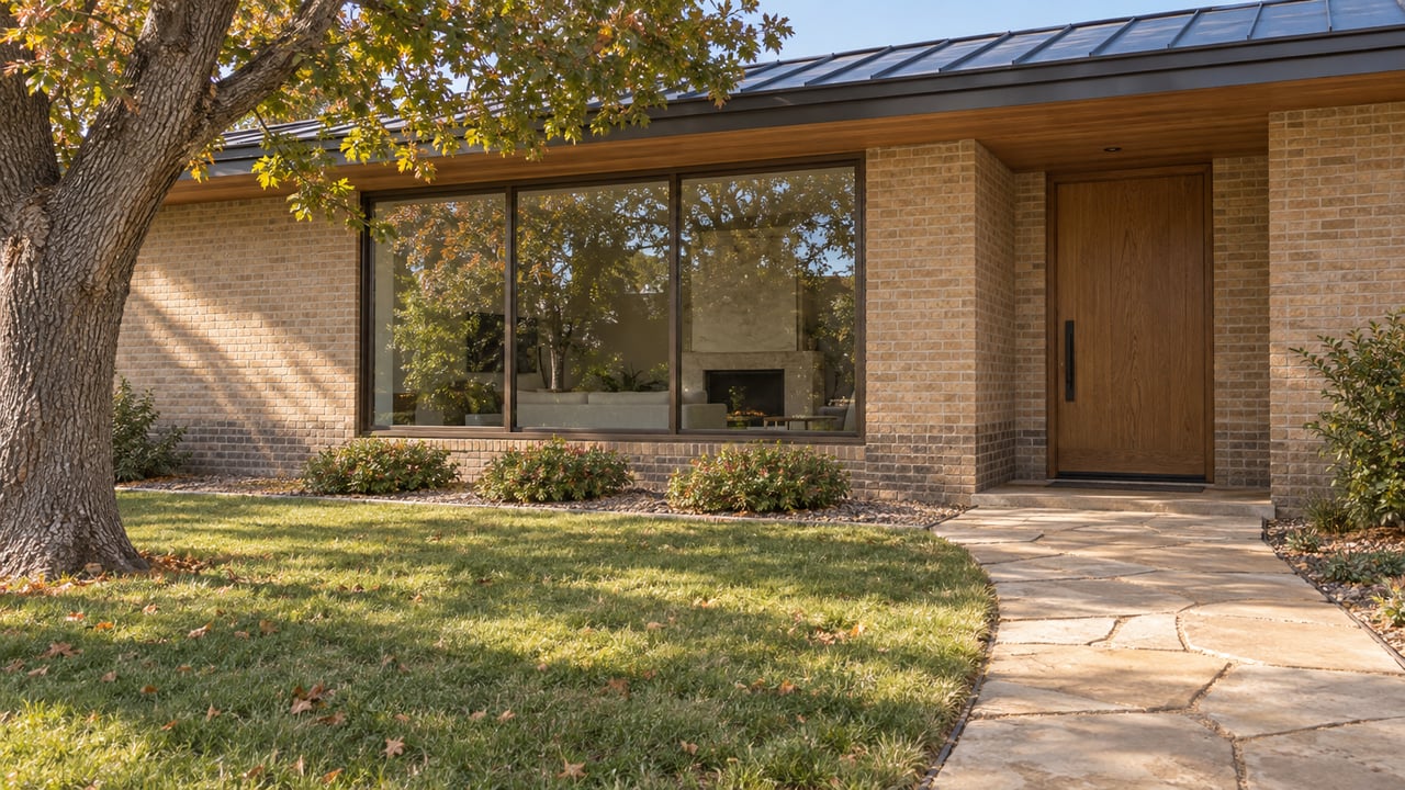 A renovated buff-brick home with an oak entry door, bronze-framed glazing, sandstone path, and a mature bur oak in its front garden.