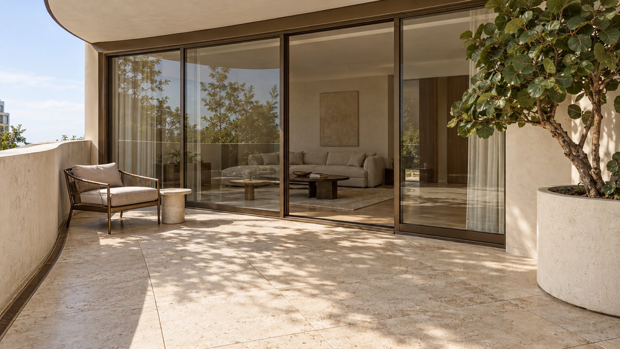 A deep travertine terrace with curved ivory walls, bronze-framed glass doors and a single sea-grape tree overlooks an enclosed living room.