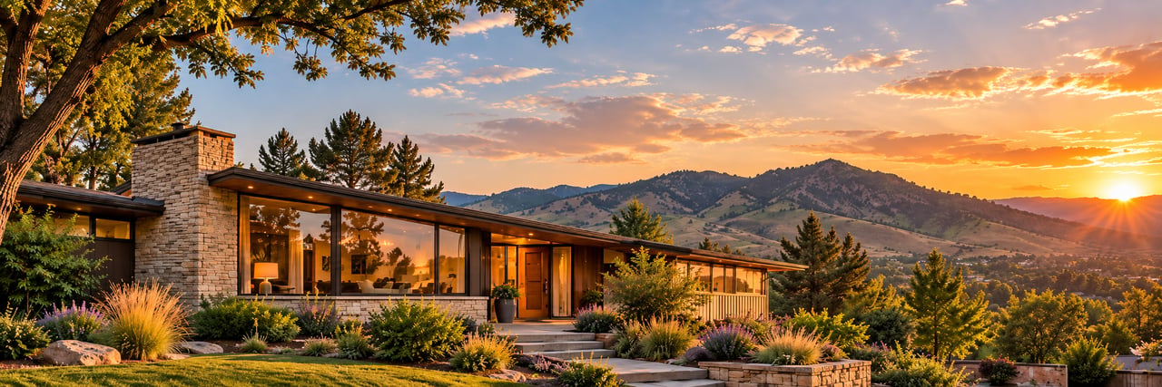Modern glass-fronted home with a stone chimney, landscaped garden, and mountain views at sunset.