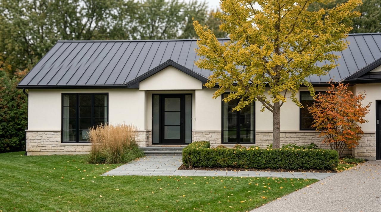 Ivory stucco home with limestone base, black-framed windows, golden ginkgo, and bluestone walkway.
