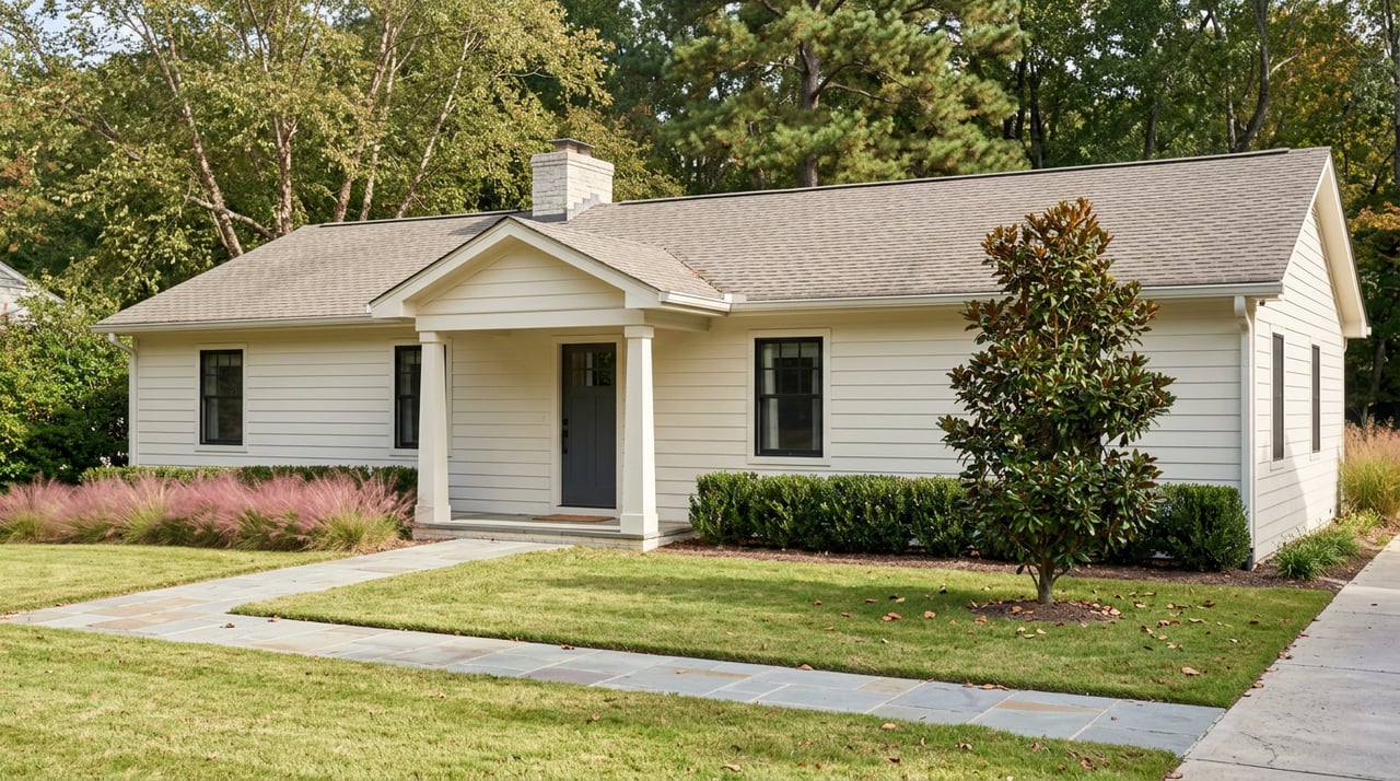 Single-story cream-sided home with a stone chimney, pink muhly grass, and a paver walkway across the lawn.